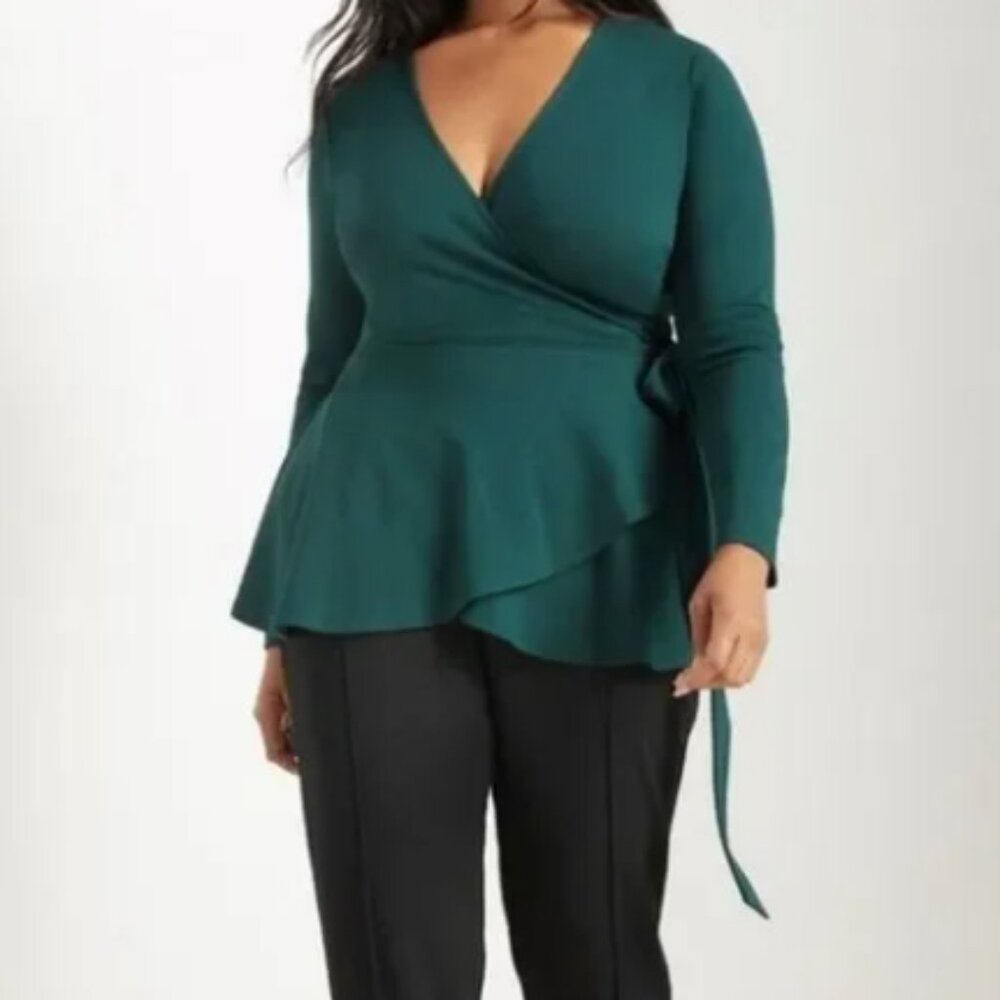 Eloquii Long Sleeve Wrap Blouse (Size 18), forest green